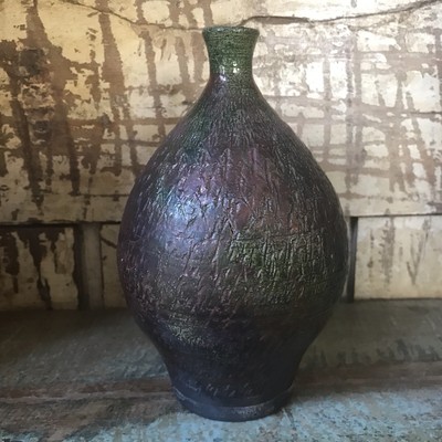 Vintage Pottery Vase Signed Bottle Shaped Weed Pot Iridescent Textured Raku Rare-image