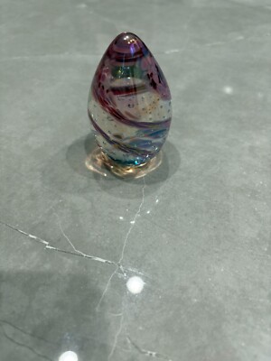 1996 GES Glass Eye Studios Iridescent Pink Swirl Egg Shaped Paperweight 3