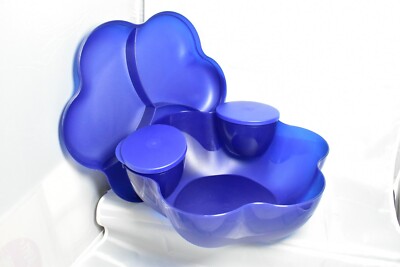 Tupperware Chip ‘n Dip Large Serving Bowl Tray Blue / Purple 6 Piece Set-image