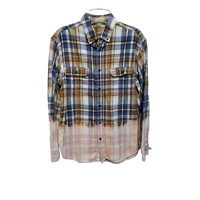 Women Bleached Flannel Shirt Size L  Hand Dipped Blue White Pink Plaid Long Slee-image