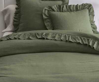 Pottery Barn BELGIAN FLAX LINEN FRINGE RUFFLE Duvet King Cali King Flax NWT-image