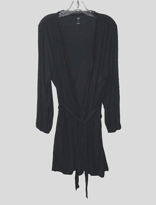 Dip Black Long Sleeve Robe Size Large Lace Trim Belted Short Robe-image