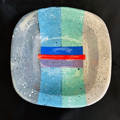 Studio Art Pottery Large Bowl Signed Colorful Speckled Striped Center Piece MCM-image