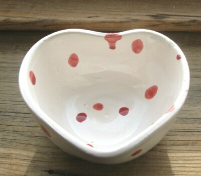 Vintage Studio Art Pottery Red Polka Dott Heart Shaped Bowl 4.5