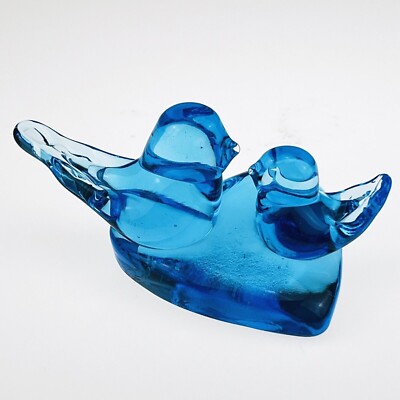 Bluebirds of Happiness on Heart Signed Leo Ward Terra Studios Cobalt Art Glass-image