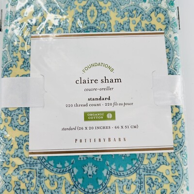 Pottery Barn Teal Claire Pillow Sham Medallion Organic 100% Cotton Standard New-image