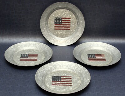 Pottery Barn Galvanized Metal Plate 9” United States Flag ~ Set of 4-image