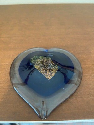 ESTATE Avalon Glassworks Studio Fused Cobalt Blue Gold Heart Shaped Paperweight -image