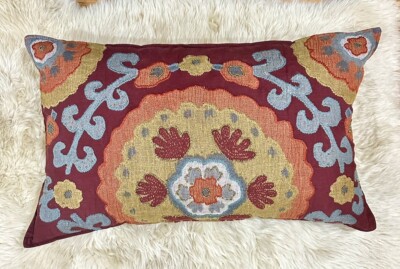 Pottery Barn Floral Embroidered Lumbar Pillow & Sham Burgundy Orange Blue Beaded-image