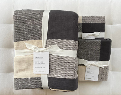 Pottery Barn BRYCE BUFFALO CHECK Duvet King & 2 Euro Shams Charcoal/Ivory NWT-image