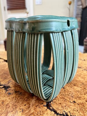VINTAGE SIGNED  PARMENTIER TALL TEAL GREEN WOVEN STUDIO POTTERY BASKET-image