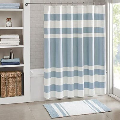 Madison Park Spa Waffle Shower Curtain Pieced Fabric 3M Scotchgard Moisture Blue-image