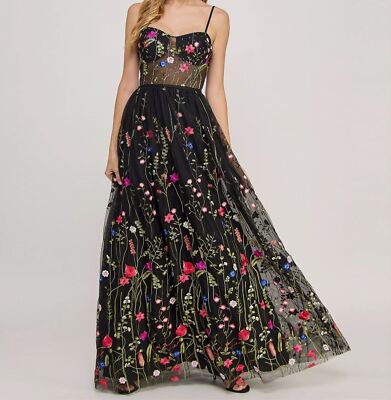 City Studio Womens Juniors' Black Floral-Embroidery Illusion-Corset Dress Size 0-image