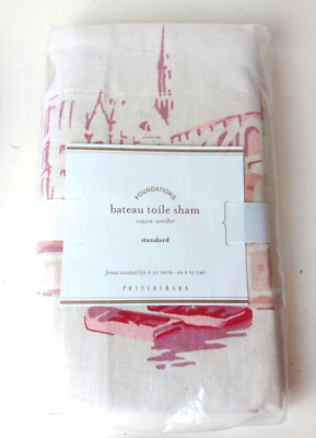 Pottery Barn Standard Pillow Sham Bateau Toile Asian Cream Red Linen Blend-image