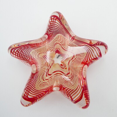 Studio Art Glass Striped Star Shaped Paperweight White Red Stripes Artist Signed-image