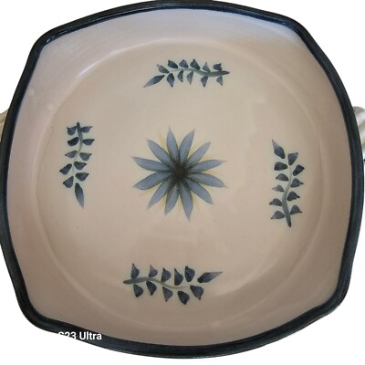 Studio Art Pottery Casserole Dish Signed/Hand Thrown Square Blue Flowers/ Leaves-image