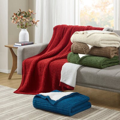 Madison Park Waffle Solid Knit Chenille Throw Blanket for Home Decor 50