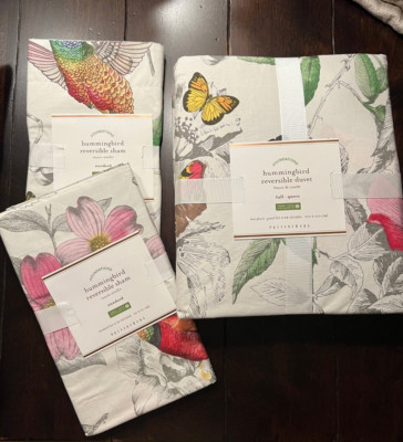 Pottery Barn Hummingbird Reversible Full Queen Duvet & 2 Standard Shams NWT-image