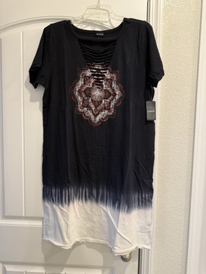 Torrid Mini Tshirt Dress Dip Dye Graphic Slashed Edgy Black White 0 Large 12 NWT-image