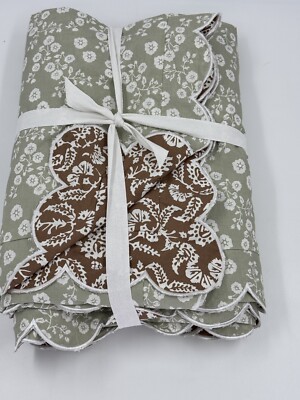 NEW POTTERY BARN Julia Berolzheimer Reversible Scalloped Green/Brown Duvet King-image