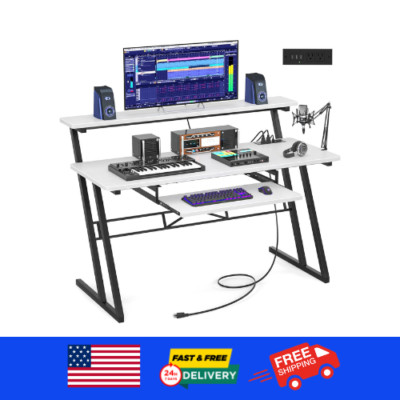 47'' Music Studio Desk Power Outlet Black Producer Recording Workstation NEW-image