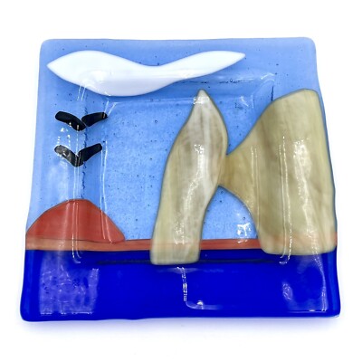 Studio Art Glass Decorative Plate Square Fused Glass Blue Beige Beach Coastal-image