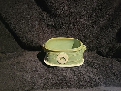 Studio Art Pottery Square Bowl Sea Foam Green With Turtle Decoration And Handles-image
