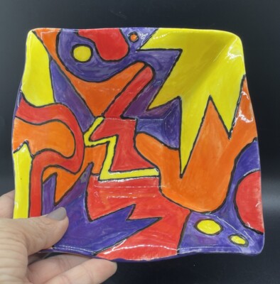 Studio Art Pottery Square Bowl Tray Hand Painted Signed Modern Catchall Colors-image