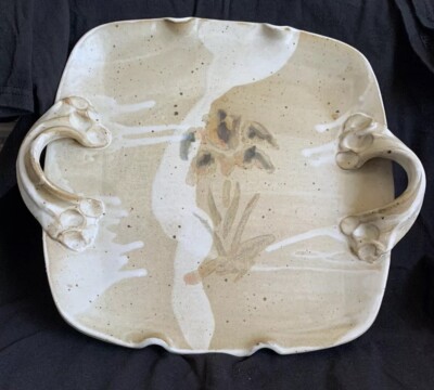 Handmade Studio Pottery 12” Square Serving Platter Tray Handled Appetizer Tray,-image