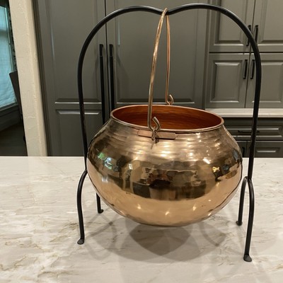 Pottery Barn Halloween Copper Candy Cauldron & Stand Serving Rare Server Large-image