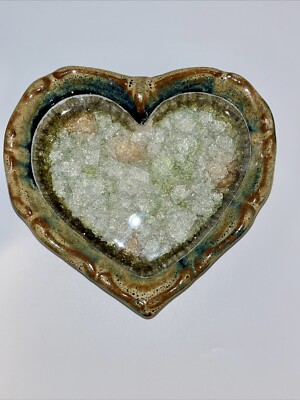 Studio Art Pottery Heart Shaped Trinket Dish Crystalline Fused Glass Bottom USA-image