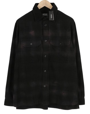 DIESEL S-Jess-Dip Men Shirt L Black Flannel Buttoned Plaid Spread Neck RRP€150-image