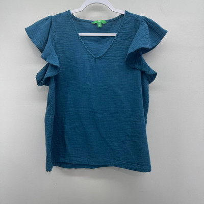 Dip Teal Blue Ruffle Sleeve V-Neck Cotton Blouse-image