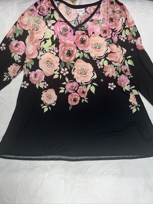 LulaRoe Elizabeth L/S Tunic Shirt 3XL 24 26/28 Blue Pink Large Roses Ombre Dip-image