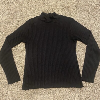 Dip Women’s Large LS Ruffle Neck Sleek Black Ribbed Top Blouse Top-image