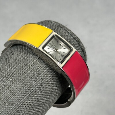 Studio Time Watch Womens 20mm Square Pink Yellow Enamel Cuff Hinged New Battery-image