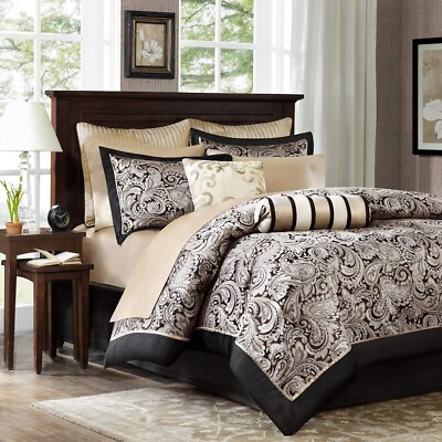 Queen Size Comforter Set Victorian Elegant Paisley Black Gold Silver Chic 12Pc-image