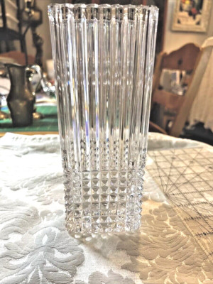 GLASS CRYSTAL CUT SQUARE VASE 8 5/8 