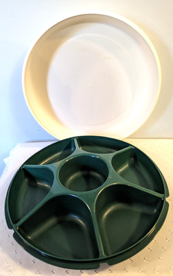 Tupperware-Chip n Dip Tray-Divided Vegetables Fruit- Green w/ White Lid-Large-image