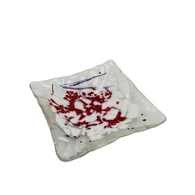 Fused Glass Art Glass Studio Plate Trinket Dish Red Splatter White Clear Square-image