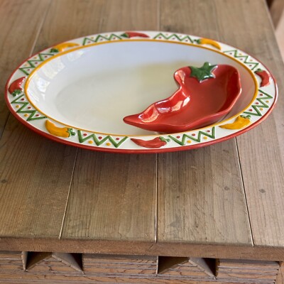 Clay Art, Chili Pepper Chip and Dip Ceramic Plate Set, New old Stock, In box-image