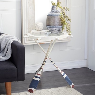 White Metal Ship Wheel Top Accent Table with Oar Shaped Legs White 23