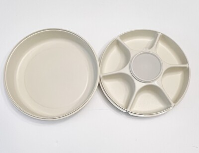 Tupperware Divided Veggie/Fruit/Dip Snack Party Tray Almond 1665-3 W/Lid 1666-1-image