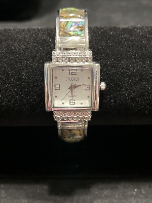 Studio Time Watch Women Silver Tone Open Cuff Abalone Inlay New Battery 6.25
