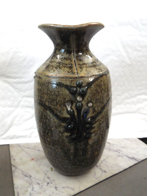 Vintage Pottery Vase Studio Art Olive Green Embossed Glazed  7.5”Height-image