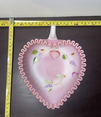 Fenton Pink Rosalene Satin Heart Shaped Nappy Dish ALS Tribute Family Signature-image