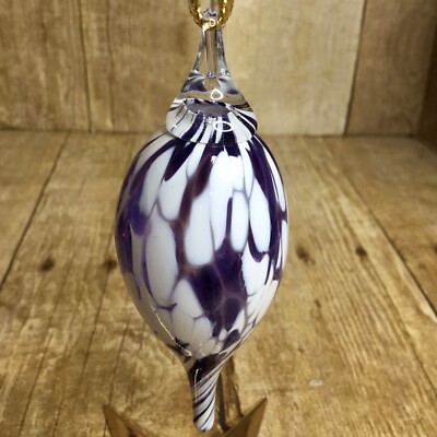 Teardrop Christmas Ornament Studio Art Blown Glass Purple and White 4”-image