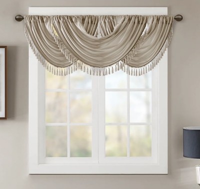 Madison Park Faux Silk Waterfall Embellished Window Valance Color Champagne NEW￼-image