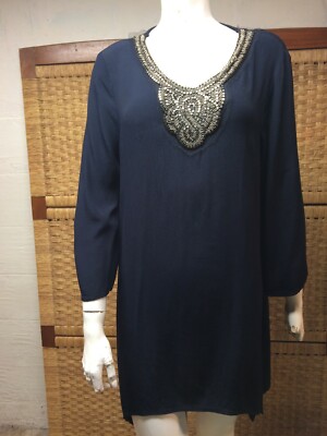 XCVI Navy 100% Rayon Scoop Neck Beaded Bib Asymmetric  Dip Sides Tunic Sz L-image