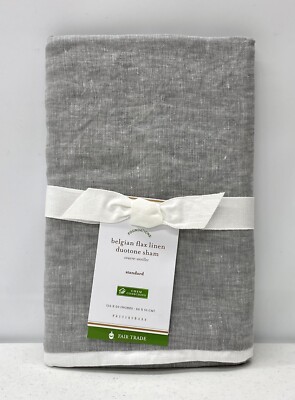 NEW Pottery Barn Belgian Linen Contrast Flange STANDARD Sham~Flagstone w/White-image